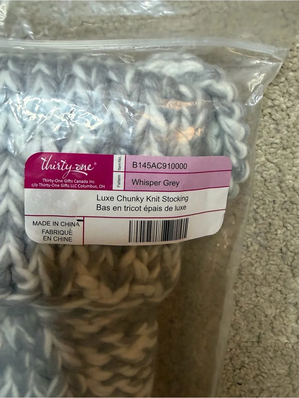 Thirty One Whisper Grey Chunky Knit Stocking
